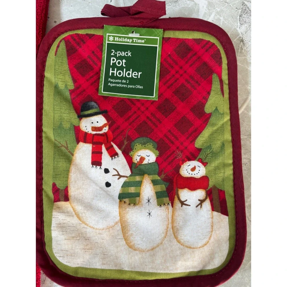 Holiday Time Red Snowman Kitchen Towel and Pot‎ Holder Set 4 Piece New Holiday